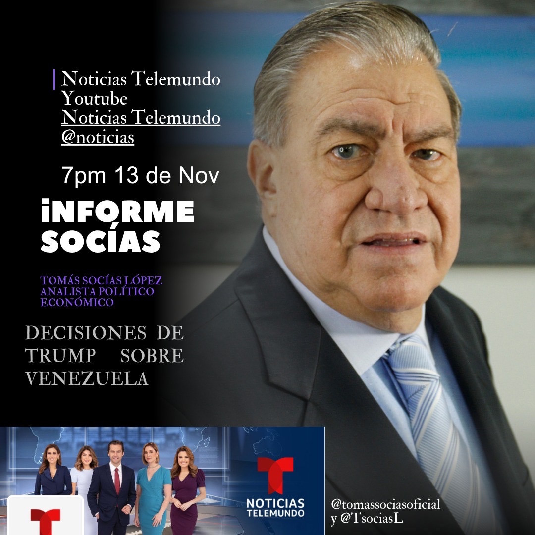 #InformeSocías Conversaré en @telemundo sobre las decisiones del presidente de EE UU, Donald Trump, sobre Venezuela.

Fecha: jueves 13 de noviembre 
Hora: 7:00 pm

#RelacionesInternacionales #Venezuela  #PanoramaInternacional #PolíticaInternacional #EstadosUnido