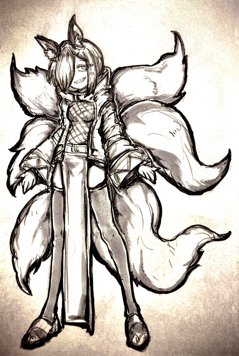 #１日１カタメカクレ
 #illustration  #OC
#創作 
#片目隠れ　ギザ歯垂れ目キツネ娘ちゃん