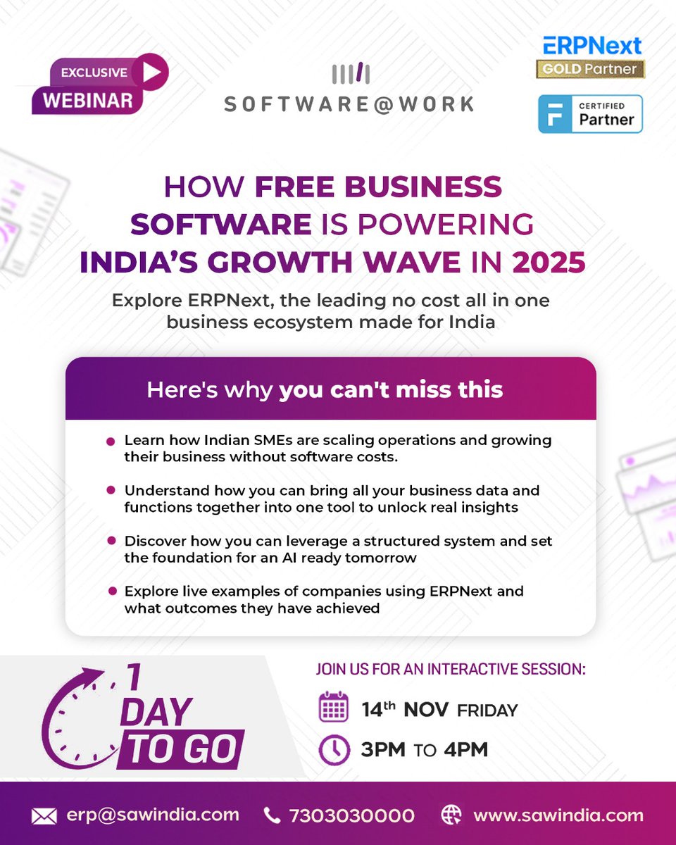 SoftwareAtWork's tweet image. 🚨 Only 1 Days to Go! 🚨
Join our FREE webinar How Free Business Software Is Powering India’s Growth Wave in 2025
💡 Discover how Indian SMEs are scaling operations and growing faster without software costs!
📅 14th Nov | 3:00–4:00 PM
👉 Register Now: lnkd.in/d3YdefFn