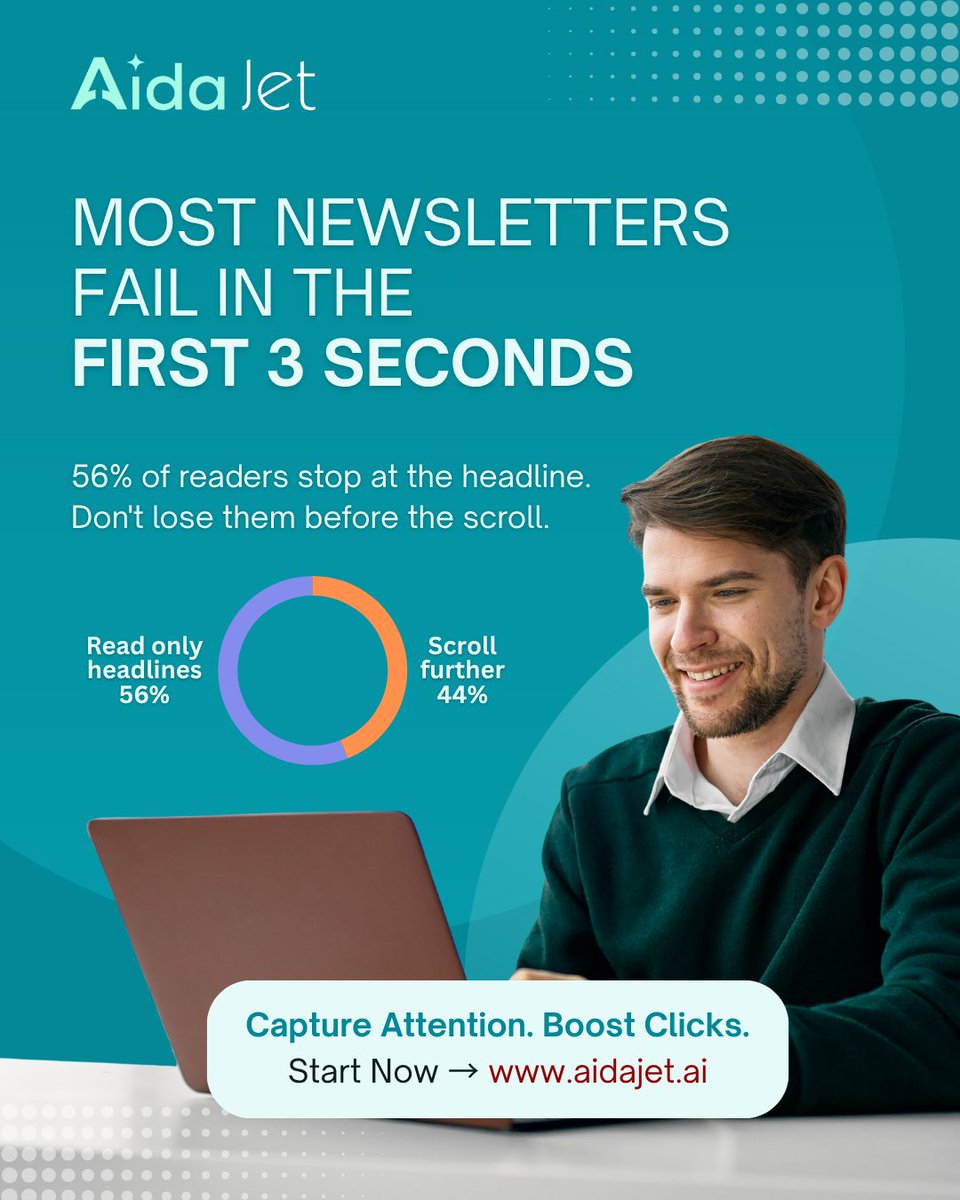 Aida_Jet's tweet image. ❌ 56% of readers only see your headline.
If your hero message isn’t clear in 3 seconds, you’ve lost them.
Stay focused. Keep it sharp. Engage instantly. ⚡ #Ainewsletters
#NewsletterStrategy #ContentDesign #newsletterEngagement #AidaJet #MarketingTips #DigitalMarketing