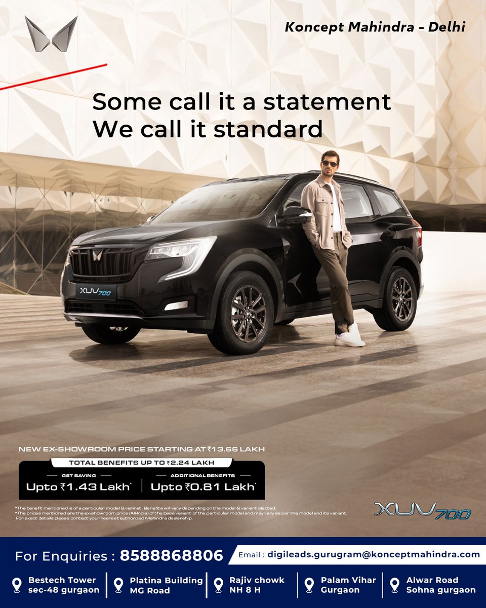 KonceptLtd's tweet image. Your Dream SUV Awaits! 🚙
What others see as a bold statement, the #XUV700 makes the everyday standard, because distinction is just the beginning. Now starting at just ₹13.66 Lakh* with additional GST and festive benefits up to ₹2.24 Lakh*.

#drivenbyexcellence #booktoday
.
