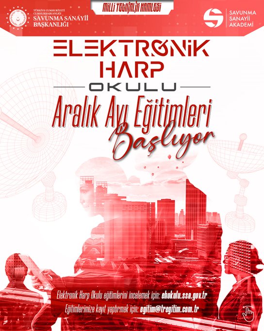 First image displays the Savunma Sanayii Akademi logo with Turkish Ministry of National Defense emblem, bold red text announcing Elektronik Harp Okulu December trainings for radar systems led by experts, featuring a silhouette of a cityscape with radar dish and satellite icons, and contact email egitim@tregitim.com.tr. Second image shows similar logo and header, listing specific electronic warfare courses including Electro-Optic and Fiber Optic Systems for 1-5 December, Electro-Optic and Cable Test Systems for 15-17 December, Electro-Optic Cable Technology Training for 18-19 December, and Electronic Design Testing for 22-24 December, with the same cityscape silhouette and email.