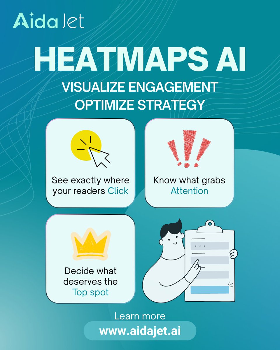 Aida_Jet's tweet image. 🔥 Heat Maps AI
See where readers click.
Know what works.
#aianalytics #AidaJet #HeatMap #Ainewsletters #DataDrivenMarketing #AIInsights
Optimize your newsletter strategy.
👉 aidajet.ai