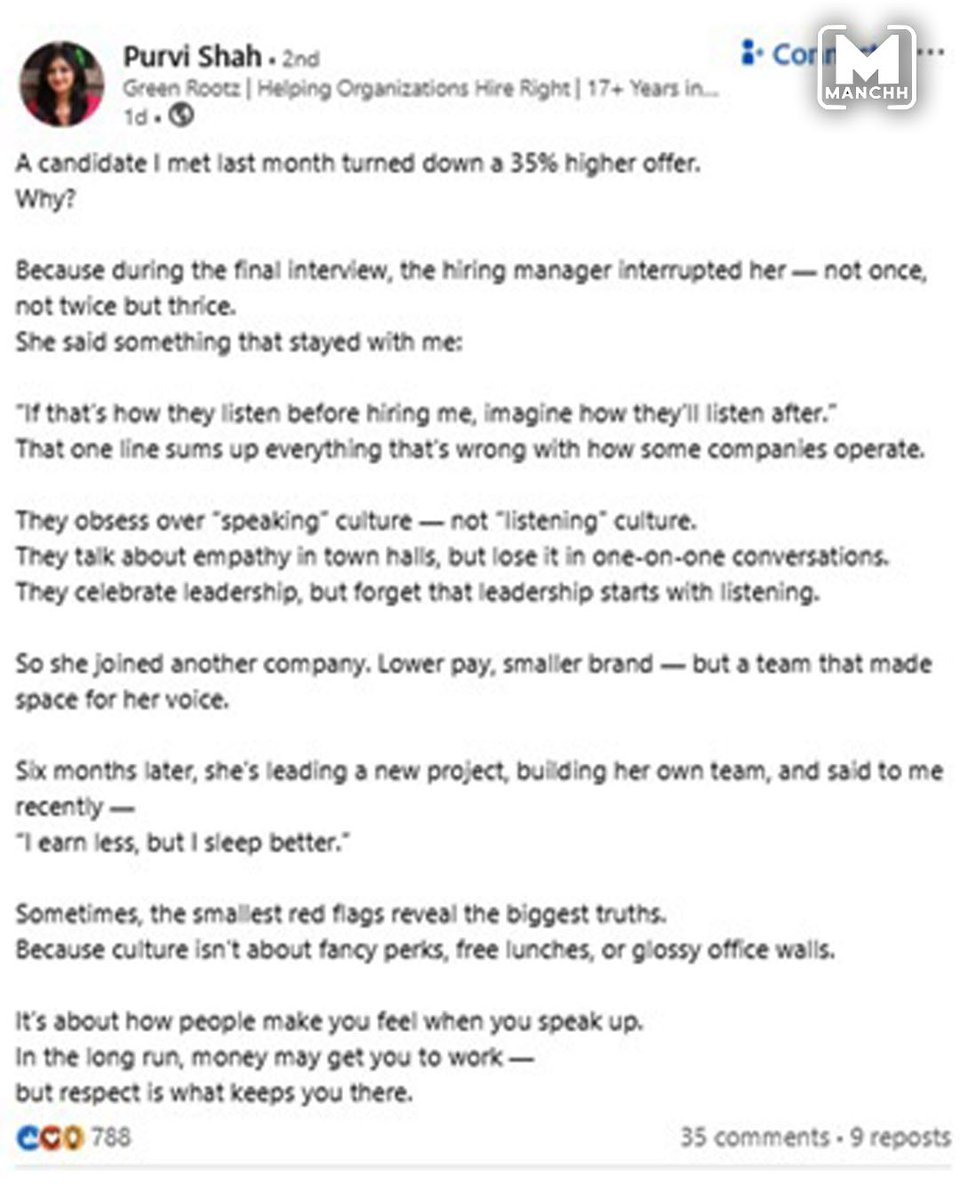 Manchh_Official's tweet image. A Mumbai-based professional shared story of a candidate who turned down a 35% higher job offer after being repeatedly interrupted during interview.
#interview #jobinterview #salary #jobs #mumbai #payhike #salaryhike #WorkLifeBalance #viral2025 #trending #latest