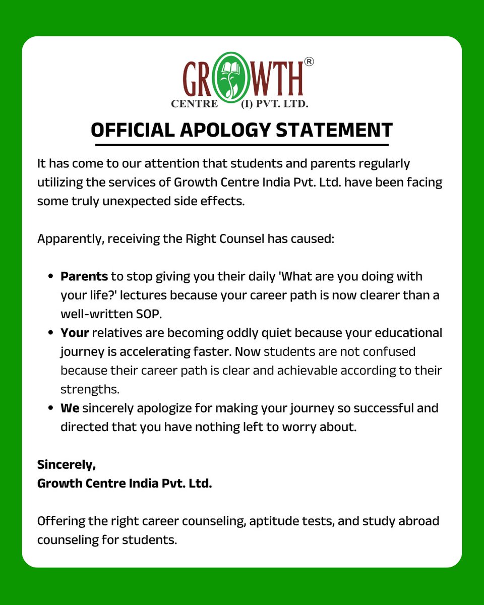 growthcentreltd's tweet photo. Side effects of choosing the right guidance: clarity, confidence, and calm parents. 😉

[Growth Centre, Guidance, career, career guidance, counselling]

#CareerGuidance #ExpertCounselling #RightCareerPath #StudentSupport #GrowthCentre #InvestYourTime #FutureReady #careersuccess https://t.co/aESr6A8pP5
