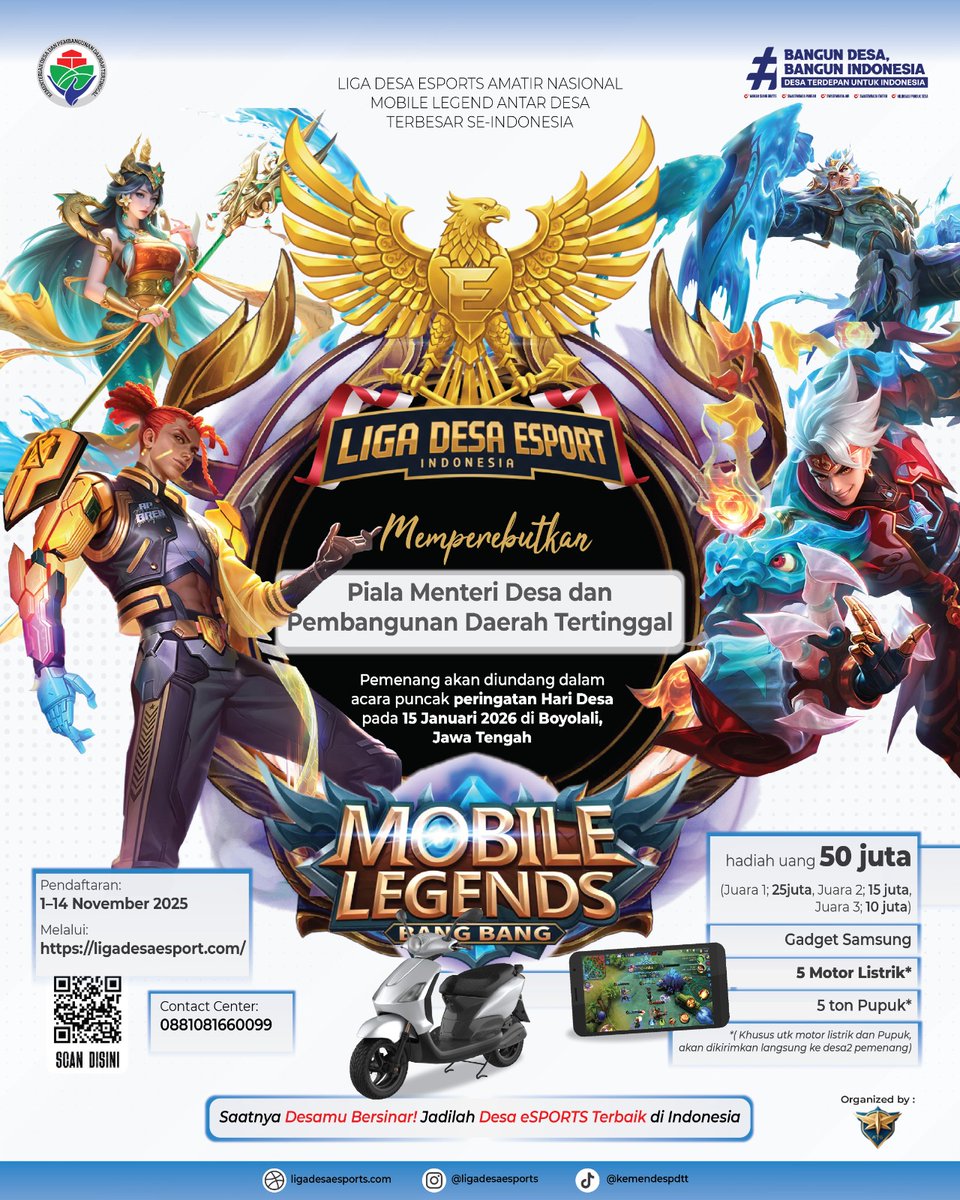 89Mufty's tweet image. 🔥 *Saatnya Buktiing Skill-mu di Liga Desa Esport 2026!* 🎮
gabung dan tunjukin kemampuan terbaikmu di ajang paling seru antar desa se-Indonesia!
*Daftar sekarang &amp;amp; jadilah juara di Liga Desa Esport 2026!*
#LigaDesaEsports2026 
#LigaDesaEsports 
#tournamentmobilelegends