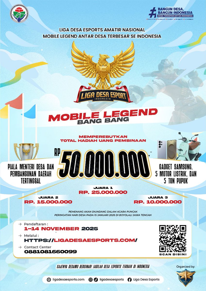 Saatnya Buktiin Skill-mu di Liga Desa Esport 2026! Rebut kesempatan, genggam prestasi &amp; jadilah kebanggaan desamu! Daftar sekarang &amp; jadilah juara di Liga Desa Esport 2026 #LigaDesaEsports2026 
#LigaDesaEsports 
#tournamentmobilelegends

<a href="/prabowo/">Prabowo Subianto</a> <a href="/YandriSusanto/">Yandri Susanto</a> <a href="/ArizaPatria/">Ariza Patria</a>