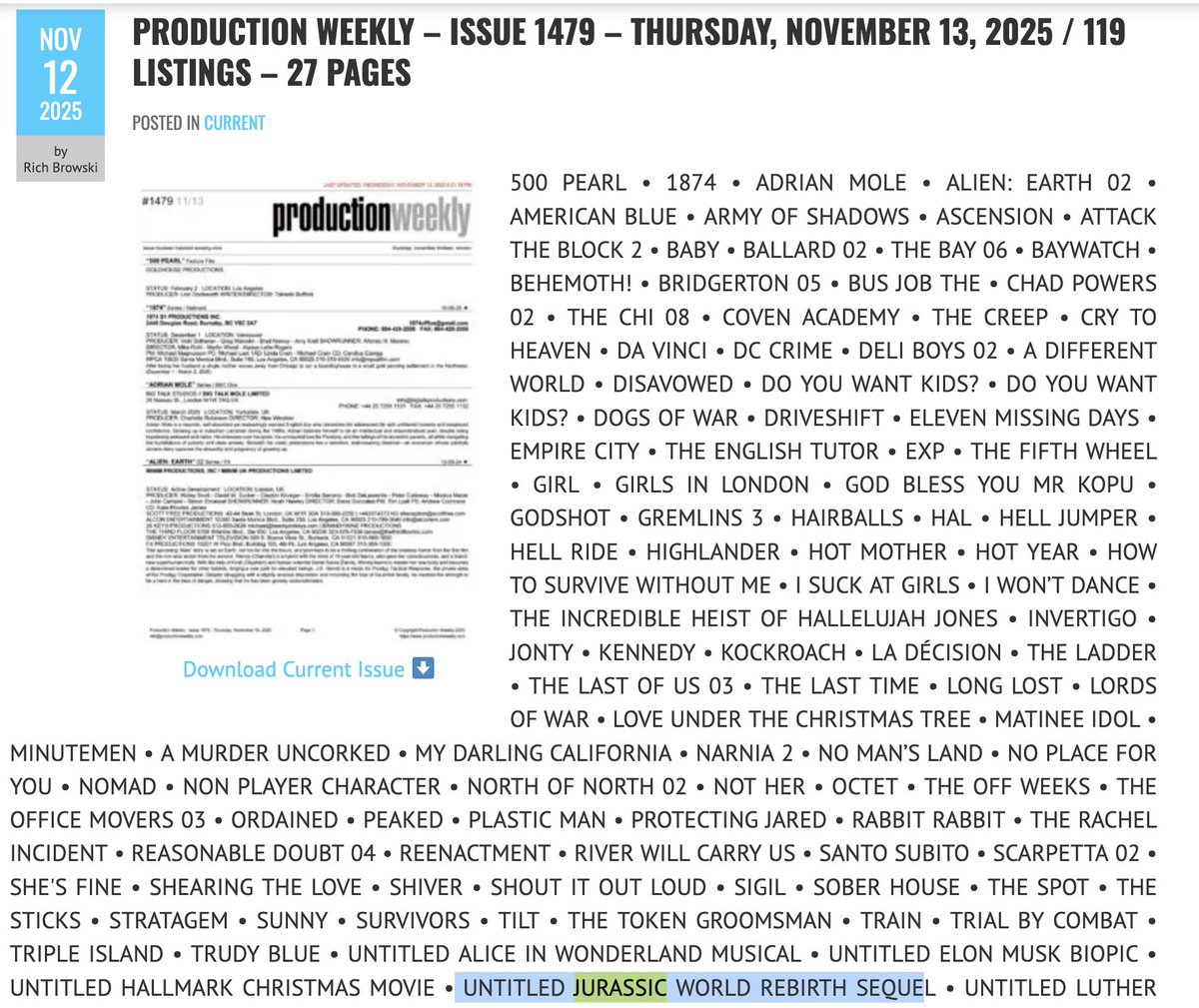 Well, at least we got the production train going now I guess. 'Untitled Jurassic World Rebirth Sequel' has now appeared on Production Weekly as of this week.
