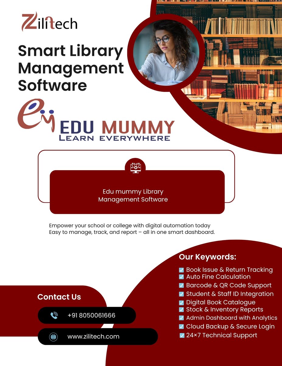 zilitechy's tweet image. 📚 Upgrade your library to a smart digital system
 Edumummy Library Management Software by Zilitech IT Services

✔ One-Click Issue/Return
✔ Barcode Support
✔ Auto Fine
✔ Cloud Backup
Free Demo 👉 zilitech.com
📞 8050061666

#Zilitech #LibraryManagement #Edumummy