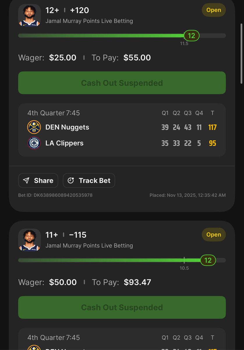 Jamal Murray scored 12 and they left his over under open on DraftKings at over 10.5 and let me place both of these. 🤣 thanks.