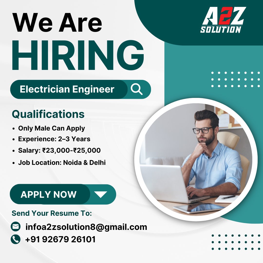 SunderBhati01's tweet image. ⚡ We Are Hiring – Electrician Engineer! ⚡
Looking for skilled and experienced professionals to join our team!

📩 Apply Now!
Send your resume to infoa2zsolution8@gmail.com
📞 Call/WhatsApp: +91 92679 26101
#A2ZSolution #HiringNow #ElectricianJobs #EngineerJobs #NoidaJobs