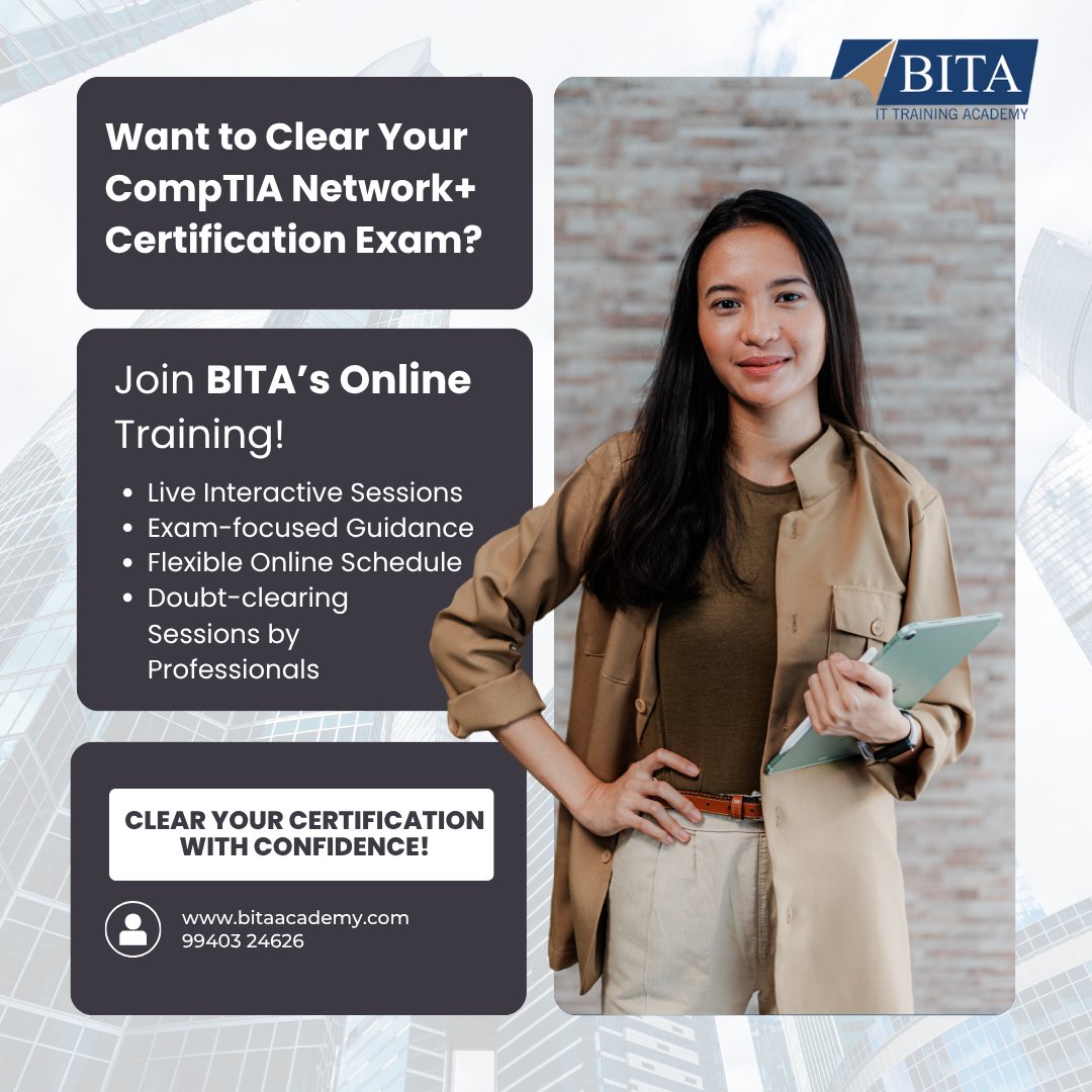 Bitaaacademy's tweet image. ☑ Master networking fundamentals and ace your CompTIA Network+ exam with BITA Academy’s expert-led online training.

📞 9566004626

🌐bitaacademy.com

#CompTIANetworkPlus #NetworkingBasics #BITAAcademy