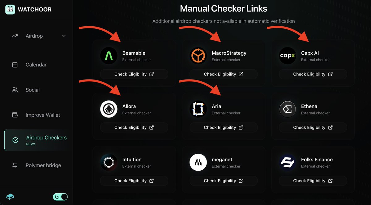 AIRDROP CHECKERS 🪂

+5 New Airdrops — Check your eligibility 

👉Beamable
👉 MacroStrategy
👉 Capx AI
👉 Allora
👉 Aria

Found these checkers here
🔗 watchoor.xyz/checker