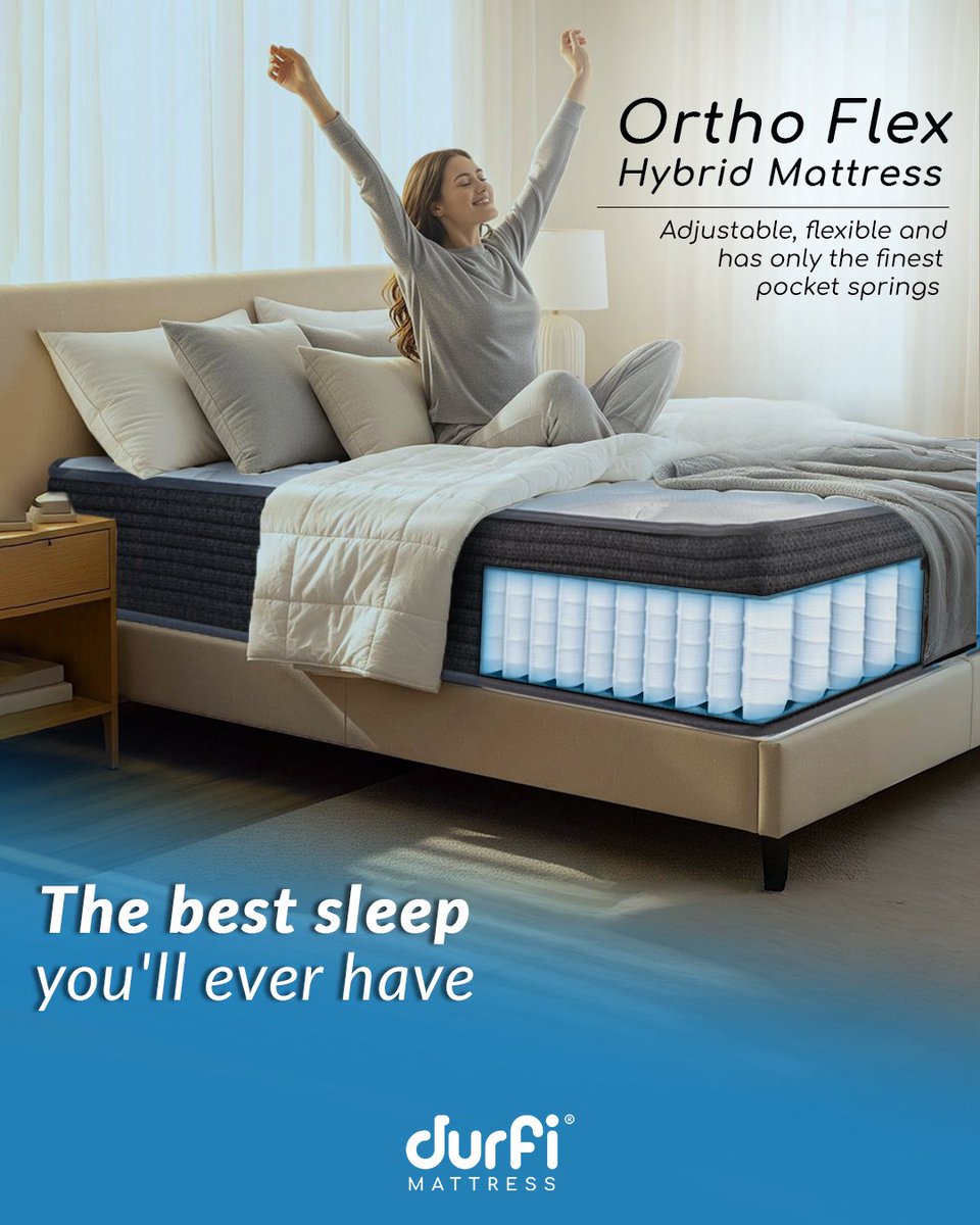DurfiSleep's tweet image. The Ortho Flex Hybrid Mattress is every bit adjustable and flexible, with only the choicest pocket springs going into its making.

 #durfi #durfimattress  #pocketspring #mattress #orthoflexhybridmattress #orthopediccare #spinecare #orthocomfort #healthysleep