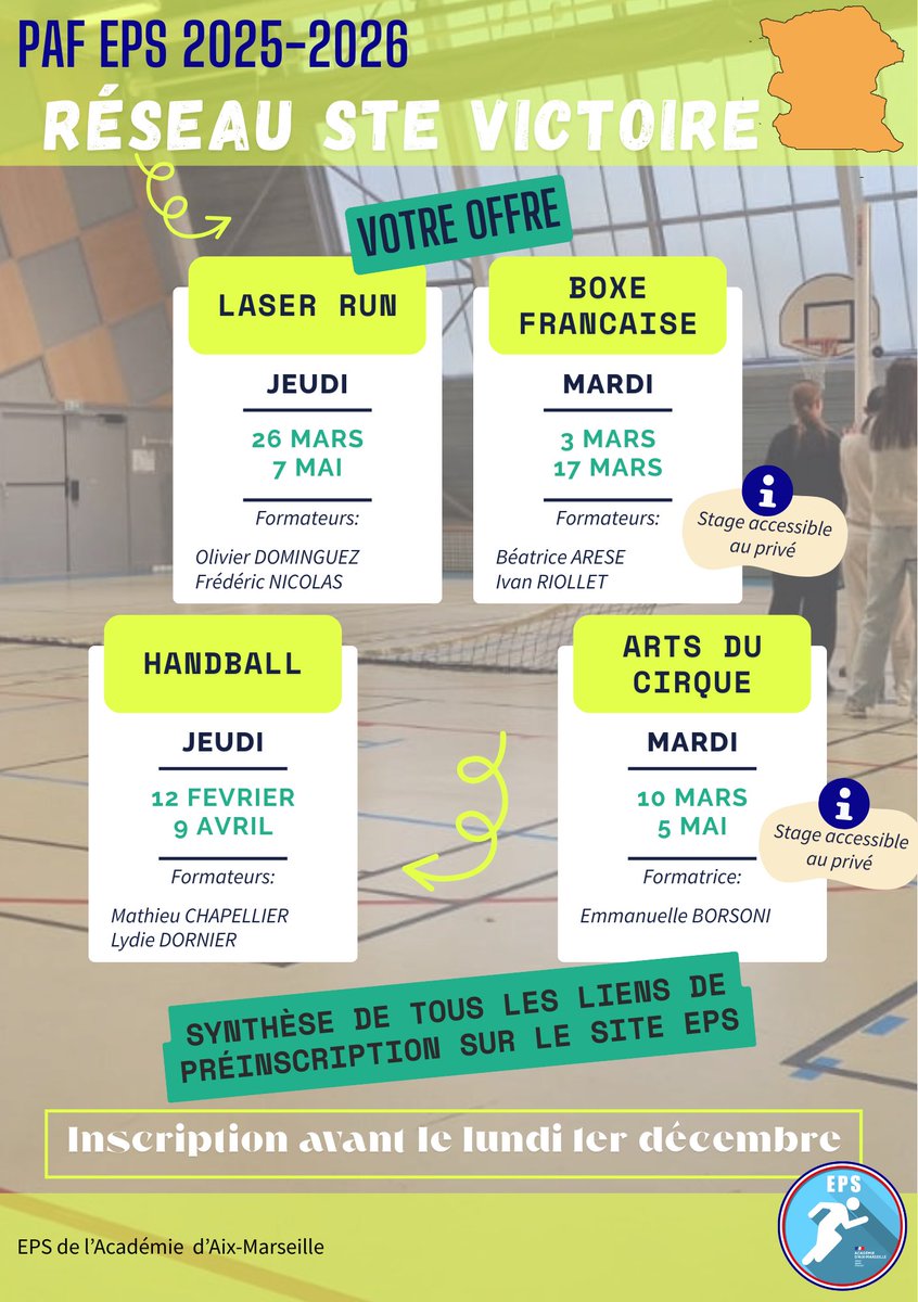 EPS_ac_aix_mars's tweet image. 📢 PAF EPS 2025/2026

👀 🔭 Zoom sur le réseau Sainte Victoire  !

Au programme : 
🔫 laser run
🥊 boxe française
🎪 arts du cirque
🤾 handball

ℹ️ Inscriptions sur l’Edito FC : pedagogie.ac-aix-marseille.fr/jcms/c_1147525…