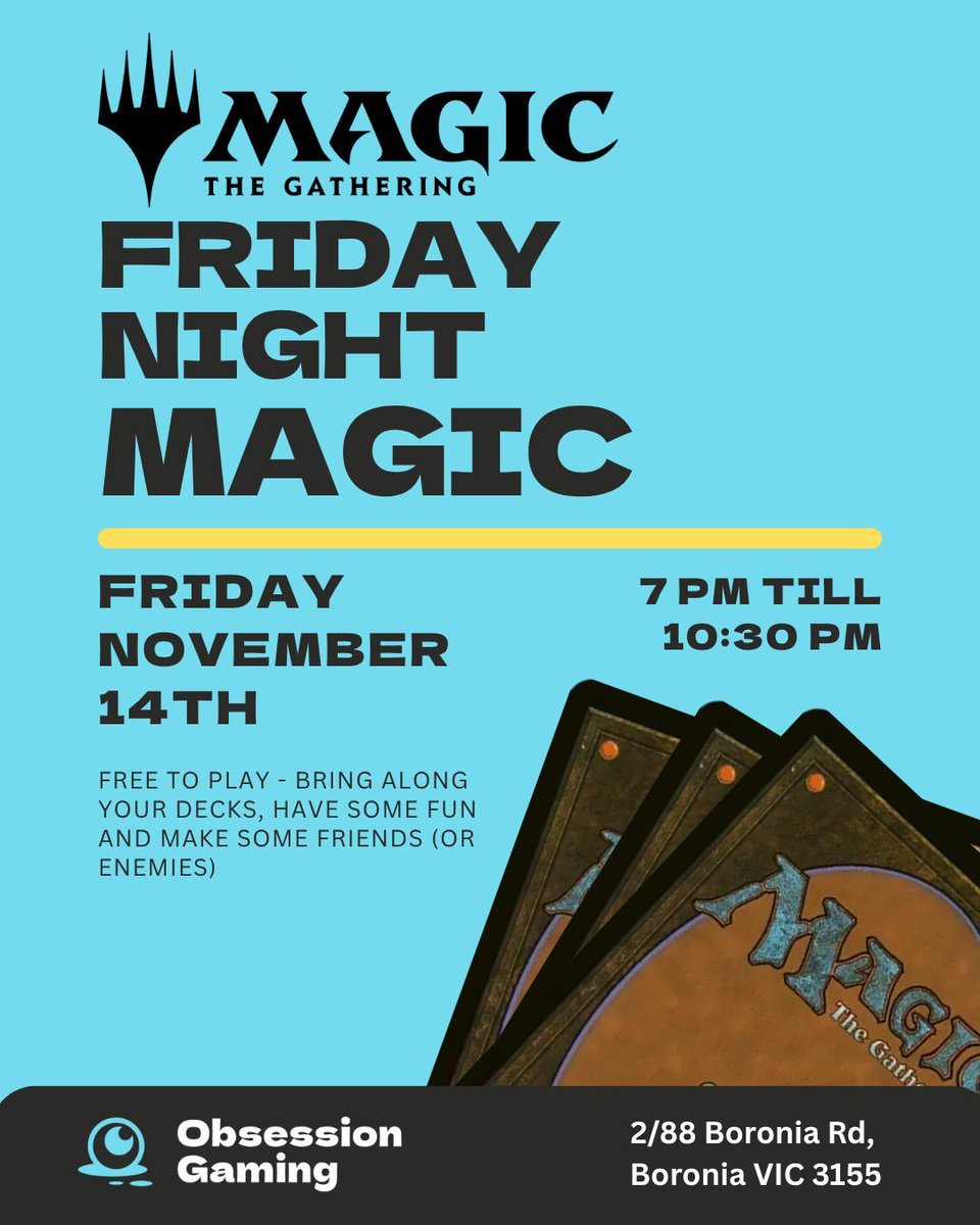 Sorry for the short notice! But we have an exciting announcement!

We are starting Friday Night Magic at Obsession gaming, starting tomorrow night from 7PM until 10:30pm

Be there or be Square!

#magic #magicthegathering #MTG #tcg #tradingcard