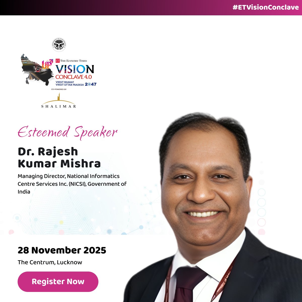 ET_Government's tweet image. We’re delighted to welcome Dr. Rajesh Kumar Mishra, Managing Director, @MeitY_NICSI, Government of India, as an esteemed speaker for the 4th edition of the #ETVisionConclave.

Express Interest: shorturl.at/nEtdy

#ETGovernment #VisionConclave #ViksitBharat #ViksitUP2047