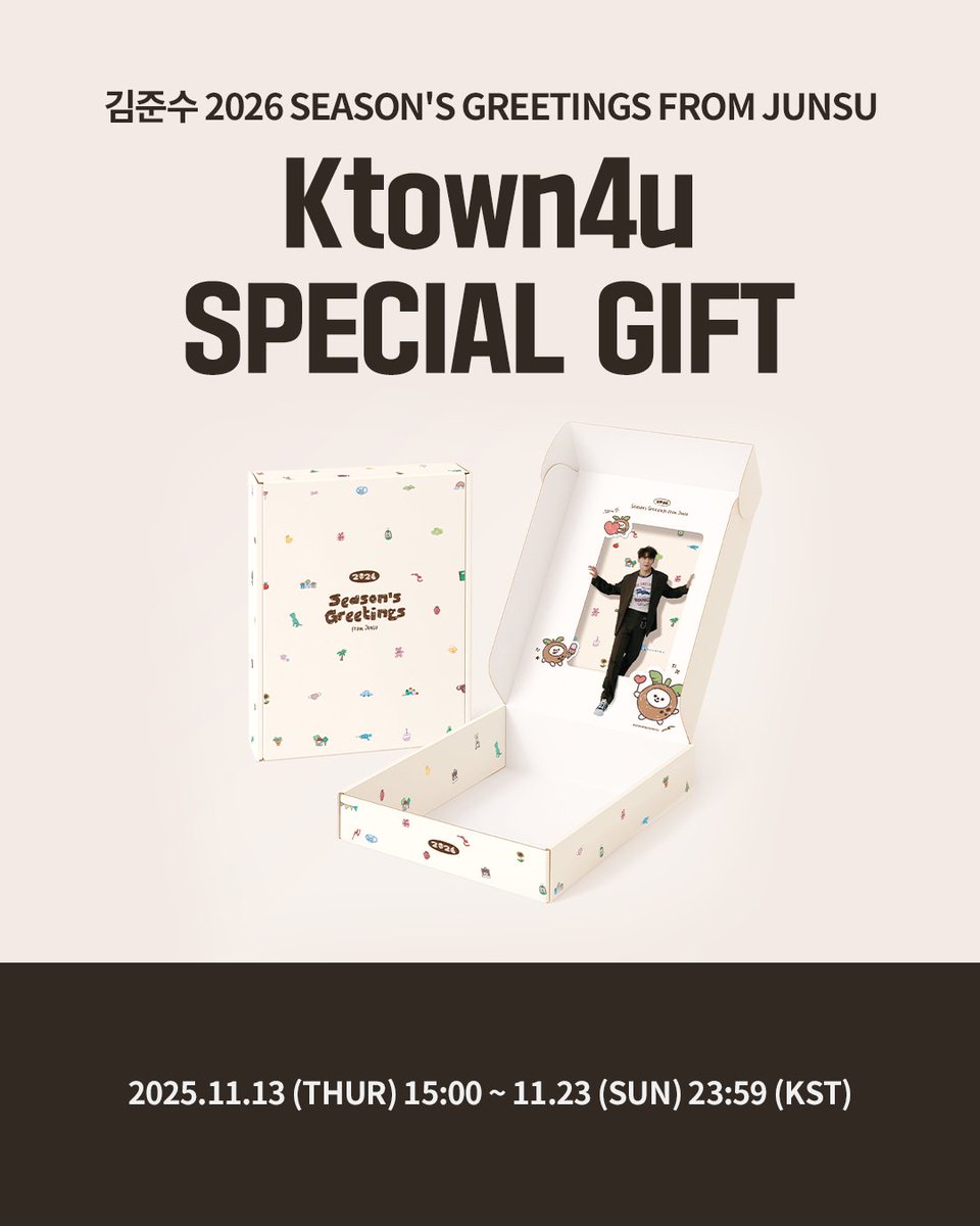 Ktown4u_main's tweet image. [📗] #김준수 #KIMJUNSU #XIA 
김준수 2026 SEASON'S GREETINGS FROM JUNSU
#케타포 예판 특전 이벤트

🎄케타포 단독 미공개 셀카 포토카드 1종 증정 (1:1)

📅 2025.11.13 (목) 15:00 ~ 2025.11.23 (일) 23:59 (KST)

케이타운포유 [Ktown4u]
* Global : 🔗tinyurl.com/4d8b9atx
* KR :…