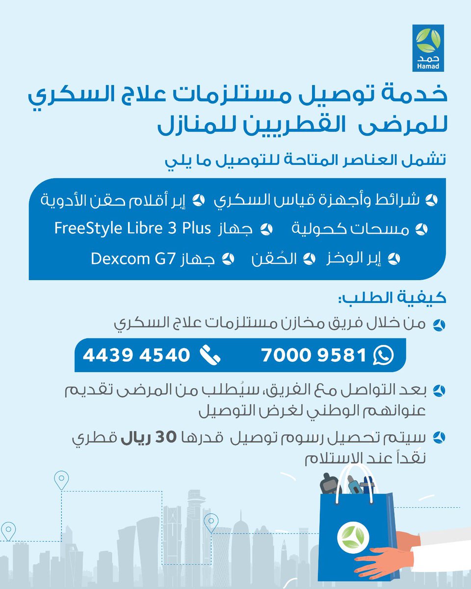 تقدم مؤسسة حمد الطبية خيارات أسهل وأكثر ملاءمة لمرضى السكري من القطريين حيث أصبح بإمكانهم استلام شرائط وأجهزة قياس السكري وإبر أقلام حقن السكري وغيرها من المستلزمات في منازلهم؛ من خلال خدمة التوصيل مقابل رسوم بسيطة.