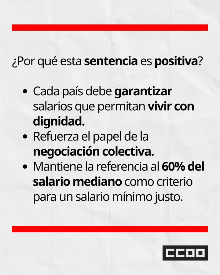 ccoo_indra's tweet image. 👏‼️¡Buenas noticias!

⚖️El TJUE ha confirmado la Directiva europea sobre salarios mínimos

Por qué es importante❓

Protege a l@s trabajador@s de salarios bajos

Obliga a los gobiernos a facilitar la negociación colectiva, para que sindicatos y empresas acuerden salarios justos