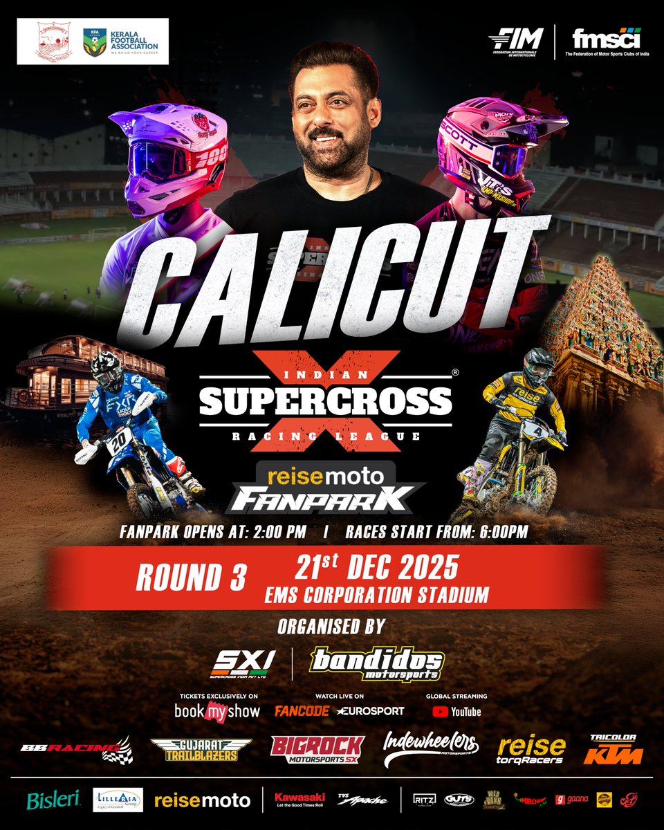 Kerala, it’s time for the grand finale! 🔥

As <a href="/ISRL_official/">ISRL - Indian Supercross Racing League</a> Season 2 hits full throttle, Calicut turns into the arena of champions — with <a href="/BeingSalmanKhan/">Salman Khan</a> there LIVE to witness the action!

The #GrandFinale you don’t want to miss.
🎟️ Tickets go live soon — stay tuned! ⚡

#ISRL