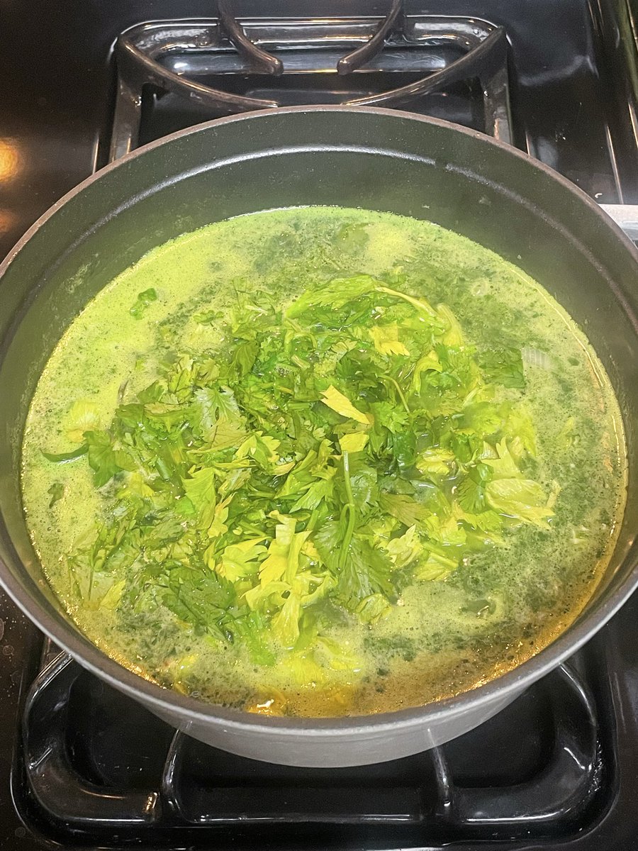 kaithahn's tweet image. Went climbing w neighbor, ran 3 miles (it’s been a while) and had this celery spinach chicken soup I made. Then some Taco Bell - today was a good day
