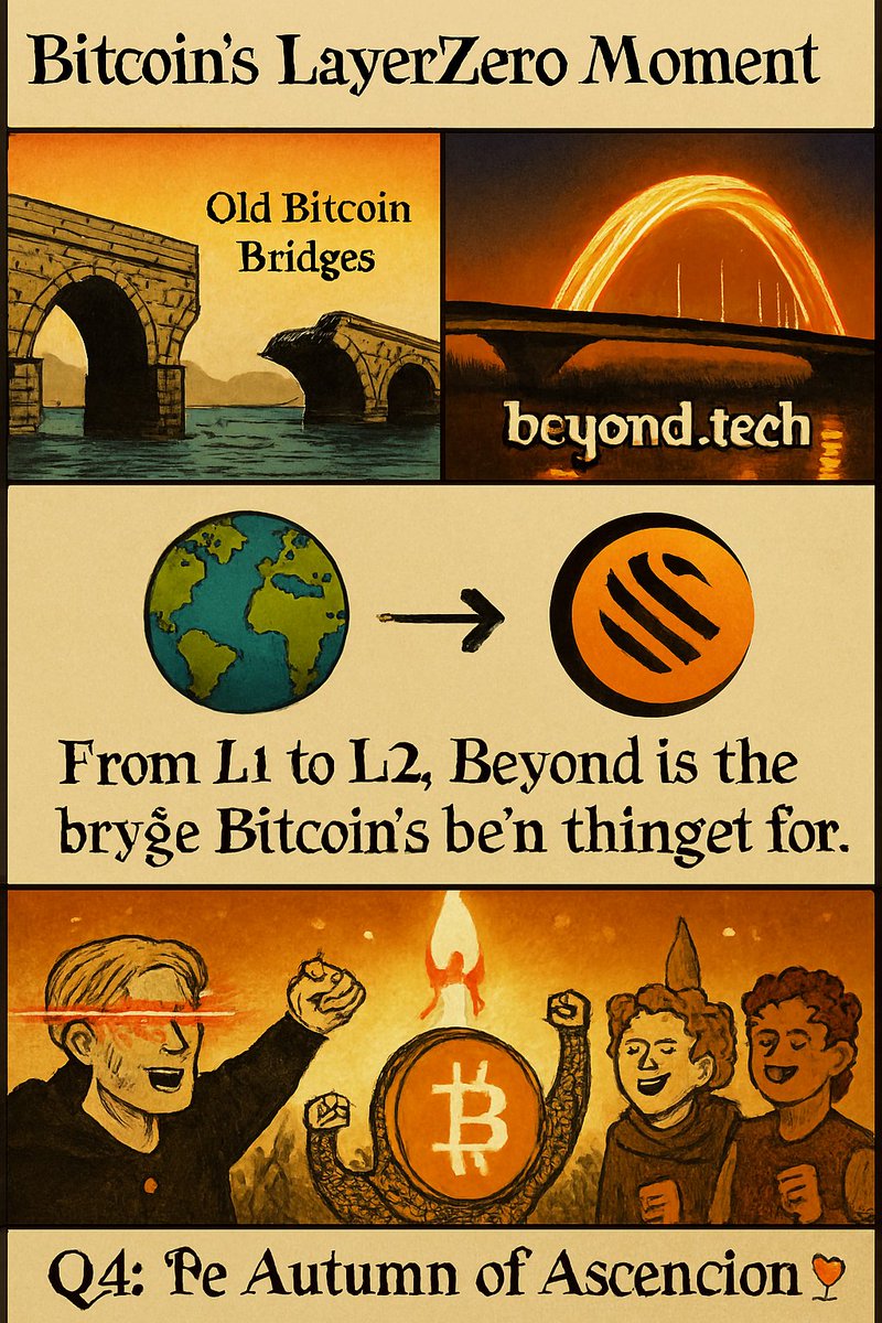 AhsanA40307's tweet image. GM Good luck 👍 🤞 

@beyond__tech

Bitcoin’s LayerZero moment just dropped 🟠  
Old bridges crumble. Beyond builds.  
From L1 to L2, the future is bridged. 
 
Mainnet Q4. Autumn of Ascension 🥂🚀  
@wallchain
Bitcoin #BeyondTech #LayerZero #MainnetLaunch
