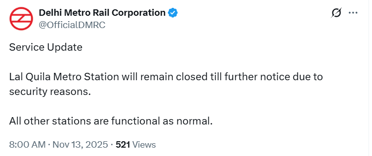 praffulgarg97's tweet image. 🚨DMRC tweets, &quot;Lal Quila Metro Station will remain closed till further notice due to security reasons. All other stations are functional as normal.&quot;