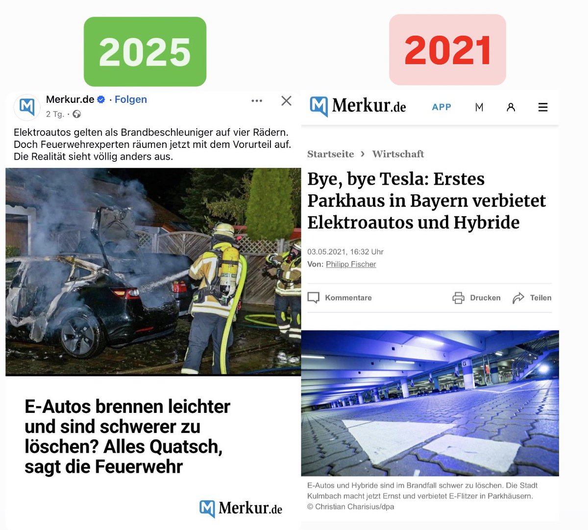 EFIEBER_ANDRE's tweet image. 2021: Parkhausverbot für E-Autos wegen Brandgefahr
2025: Feuerwehr: “Alles Quatsch!” – E-Autos brennen nicht leichter. Im Gegenteil!

Elektromobilität hatte gerade in Deutschland 🇩🇪 einen holprigen Start. Heute widerlegen Fakten die alten Mythen. Die Zukunft fährt elektrisch. ✅