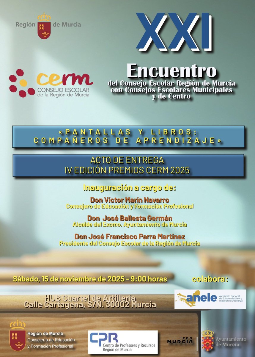 👩‍💻📚'Pantallas y libros: compañeros de aprendizaje'

👨‍👨‍👦‍👦XXI Encuentro del Consejo Escolar Región de Murcia

📆 Sábado 15 noviembre

🗺️ Cuartel de Artillería (Murcia)

🗣️ 'Suecia cambia su política de digitalización escolar', Dra. Inger Enkvist

🗣️'Pantallas y libros: compañeros de