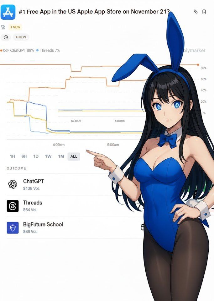_Polina_X's tweet image. 86% odds say ChatGPT stays #1 on the US App Store by Nov 21 🏆📲
Threads, BigFuture, and GoWish barely holding 5–7%.
Even Apple charts are turning into AI markets 😅
 #ChatGPT #AI #Markets #CryptoNews