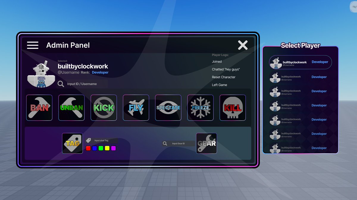 bbclockwork's tweet image. 𝗔𝗱𝗺𝗶𝗻 𝗣𝗮𝗻𝗲𝗹 UI 
lmk what you think! 

#RobloxDev #robloxuidesign