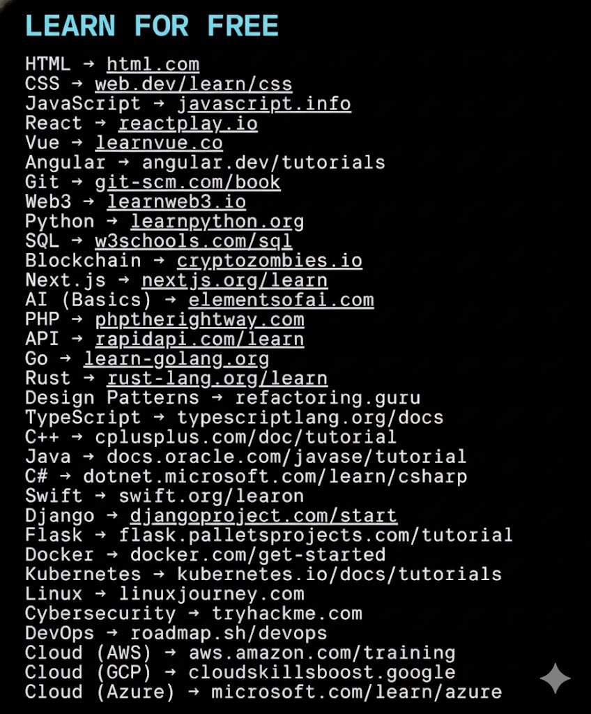 TheCoderShow's tweet image. 🚀 Learn Coding &amp;amp; Tech Skills — 100% FREE! 💻🔥

Master the essentials:
🧩 Frontend: HTML, CSS, JavaScript, React, Vue, Angular
⚙️ Backend: Python, Java, Node.js, Django, PHP, Go, Rust
☁️ Cloud: AWS, Azure, GCP, Docker, Kubernetes
🤖 AI/ML: Machine Learning, Web3, Blockchain
🔐…