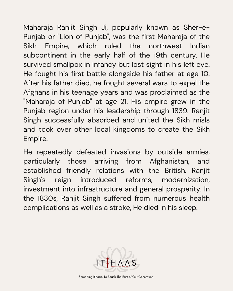 itihaas_th's tweet photo. Congratulations On The Occasion Of Janam Dihara Of Maharaja Ranjit Singh Ji
ਮਹਾਰਾਜਾ ਰਣਜੀਤ ਸਿੰਘ ਜੀ ਦੇ ਜਨਮ ਦਿਹਾੜੇ ਦੀਆਂ ਸਾਰਿਆਂ ਨੂੰ ਲੱਖ ਲੱਖ ਵਧਾਈਆਂ ॥

#TodayInHistory #India #Punjab #History #Sikhs #SikhEmpire #MaharajaDuleepSingh #TheBlackPrince #MaharajaRanjitSingh #MaharaniJinda https://t.co/rD8KNe8h6P