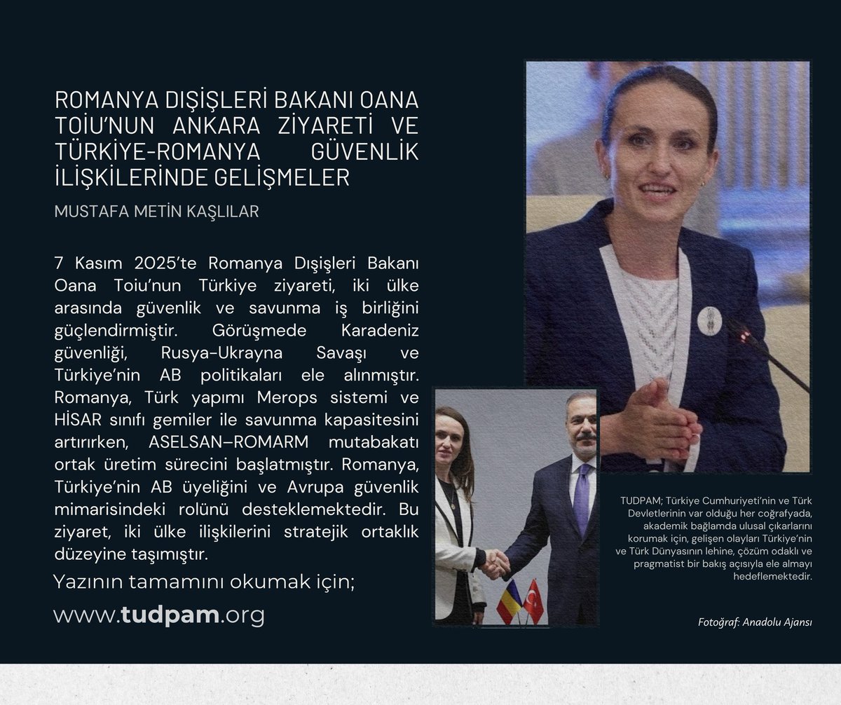 📌#ANALİZ | Romanya Dışişleri Bakanı Oana Toiu’nun Ankara Ziyareti ve Türkiye-Romanya Güvenlik İlişkilerinde Gelişmeler
✍Mustafa Metin Kaşlılar 

🔗İncelemek için👇👇👇

tudpam.org/romanya-disisl…

#TUDPAM #Türkiye #Romanya #TürkiyeRomanyaİlişkileri #StratejikOrtaklık