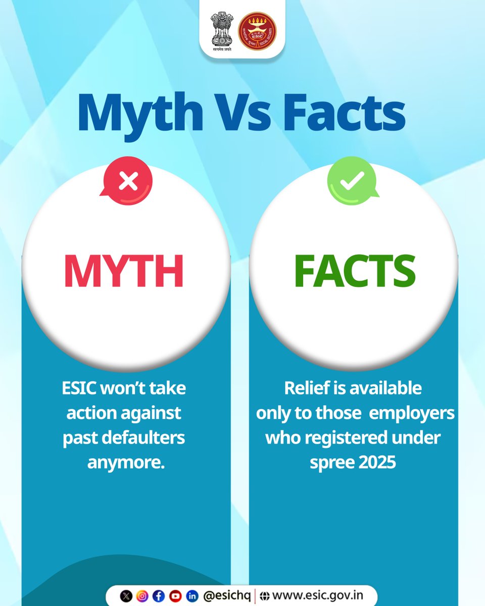esichq's tweet image. Myths create doubt, but facts build trust!

With the right facts, social security becomes stronger than ever.
Learn the truth about SPREE 2025 and safeguard your future with ESIC!

#ESIC #SPREE2025 #MythVsFact