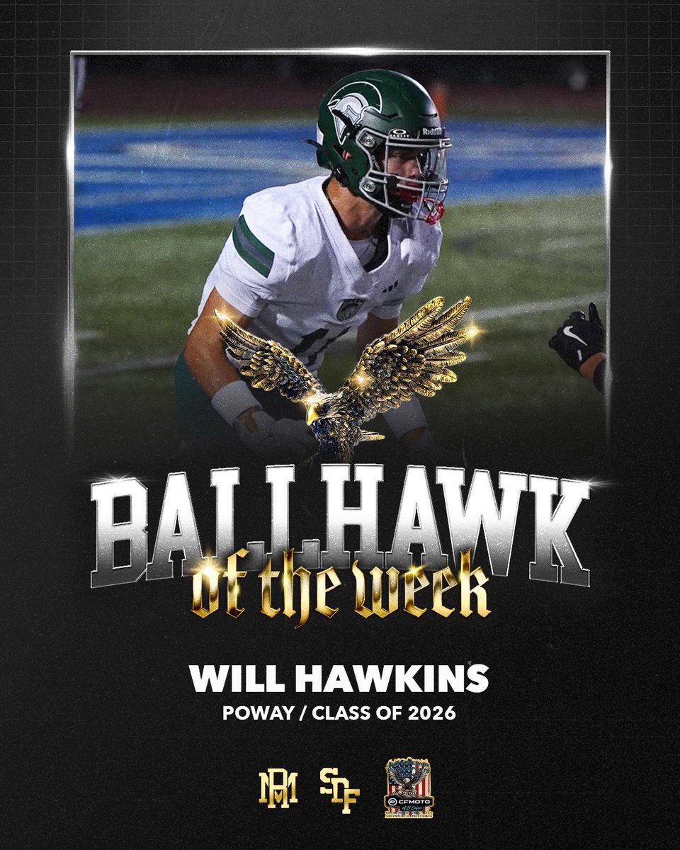 A new Award presented by CF Moto of El Cajon , Ballhawk of the week Awarded to the top performing defensive back this week the winner is Will Hawkins from Poway he had an Interception vs Torrey Pines as the Titans advance to the Quarterfinals of Division 1 .