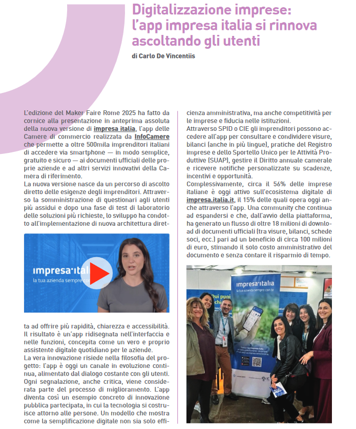 infocamere's tweet image. 📰"Digitalizzazione imprese: l'app 𝗶𝗺𝗽𝗿𝗲𝘀𝗮 𝗶𝘁𝗮𝗹𝗶𝗮 si rinnova ascoltando gli utenti". 
Leggi l'articolo su "Unioncamere Economia &amp;amp; Imprese" il magazine delle Camere di Commercio 👉unioncamere.gov.it/sites/default/… 

#innovazione #pmi @MakerFaireRome @CamCom_gov @PID_CamCom