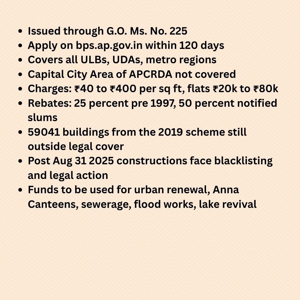 AndhraNexus's tweet image. 🚨 AP govt launched BPS 2025 giving a final chance to legalise unauthorised and deviated buildings built between Jan 1 1985 and Aug 31 2025.
#AndhraPradesh #UrbanDevelopment