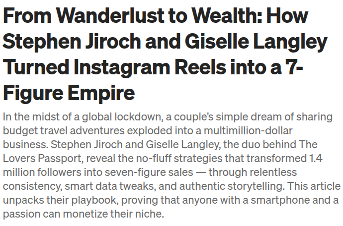 poderico's tweet image. From Wanderlust to Wealth: How Stephen Jiroch and Giselle Langley Turned Instagram Reels into a 7-Figure Empire
medium.com/p/from-wanderl…