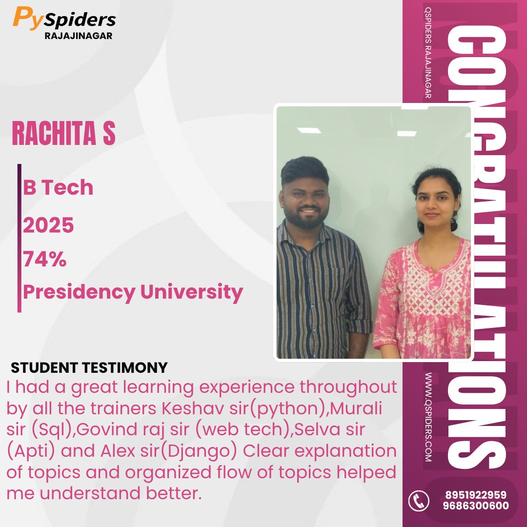QRajajinagar's tweet image. 🌟 Another success story from PySpiders Rajajinagar! 
Congratulations Rachita S from Presidency University for getting successfully placed! #PyspidersRajajinagar #PySpiders #QSpiders #StudentSuccess #CareerLaunch #CodingJourney #SoftwareCareer #PythonTraining #SQL #WebDevelopment