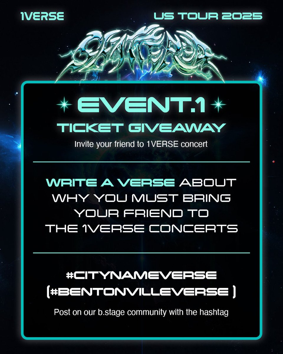 [🌟] 1VERSE Free Fanmeet ticket giveaway 

📍Virginia Beach &amp; Bentonville

🗓️ Deadlines:
Virginia Beach: NOV 14 | Bentonvielle: NOV 20

1verse.bstage.in/community/boar…