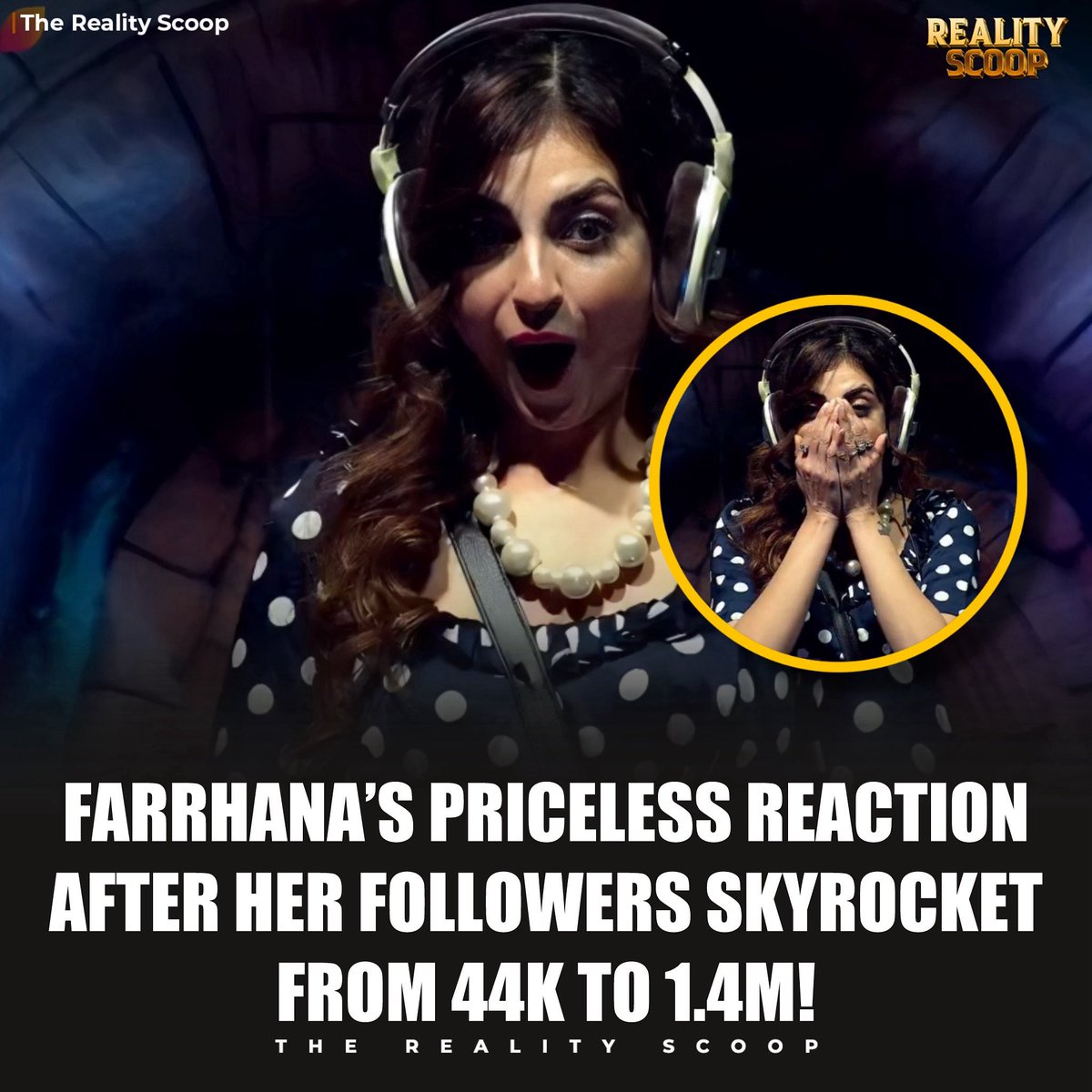 reality_scoop_'s tweet photo. From 44K to 1.4 MILLION! 🚀
Farrhana’s unmatchable reaction after seeing her massive social media growth is pure gold 😍
Fans can’t stop celebrating her rise! 💫
#FarrhanaBhatt #BiggBoss19 https://t.co/AA4x0xZFsv