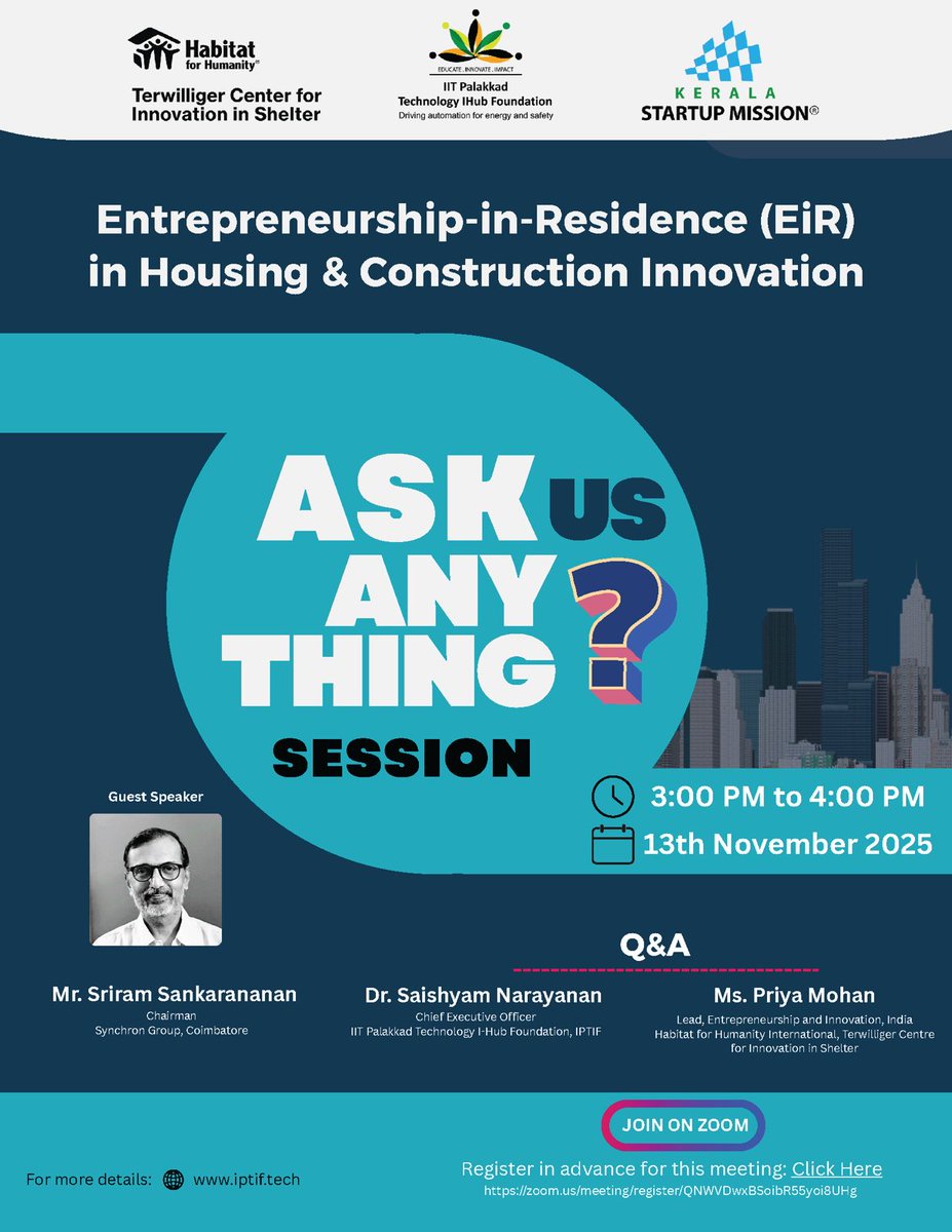 startup_mission's tweet image. Join us for an exclusive “Ask Us Anything” session hosted by IIT Palakkad Technology IHub Foundation (IPTIF) .
📅 Date: 13 November 2025
🕒 Time: 3:00 PM – 4:00 PM
💻 Mode: Online (Zoom)
🔗 Register here: lnkd.in/gW3teMyK

#EiRProgram #ConstructionInnovation