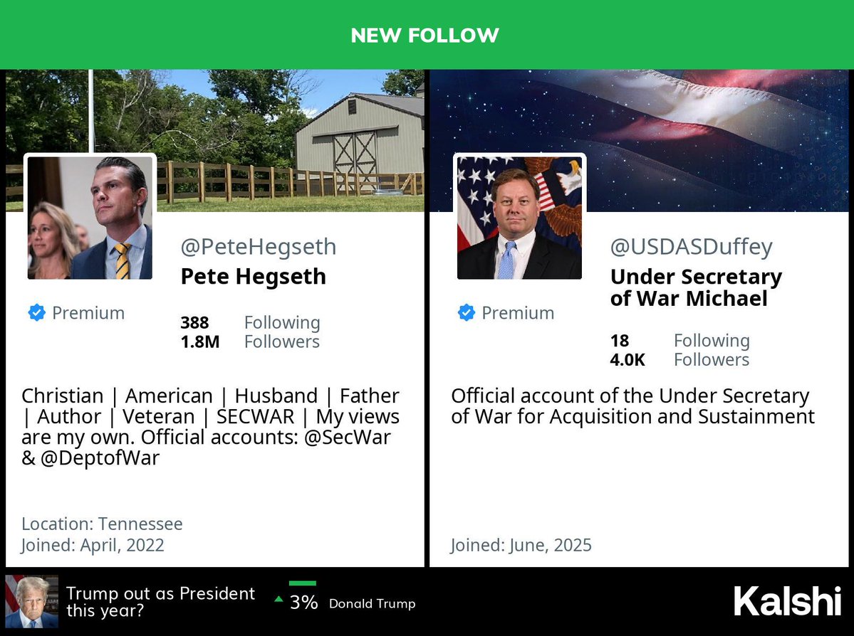 🆕 @petehegseth is now a follower of <a href="/USDASDuffey/">Under Secretary of War Michael Duffey</a>

(🤖🔍: anyone wants to add something?)