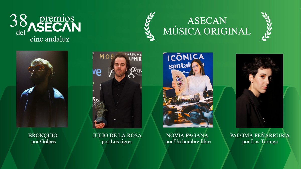 Nominaciones Premio Asecan Música Original 
BRONQUIO (SANTIAGO GONZALO) por Golpes; JULIO DE LA ROSA por Los tigres; NOVIA PAGANA (ELENA DE CÓRDOBA) por Un hombre libre; y PALOMA PEÑARRUBIA por Los Tortuga
<a href="/PalomaPRuiz/">Paloma Peñarrubia</a>
<a href="/bronquiobronc/">Bronquio</a>