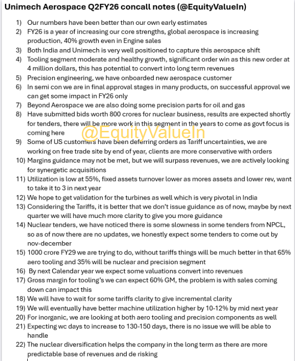 EquityValueIn's tweet image. Unimech Aerospace Q2FY26 concall notes , my notes from the call just concluded, I continue my wait and watch approach and not initiating yet 

three important things
1) Tariffs have shifted the inventory model at US customers end that is leading to some slowdown in the revenues…