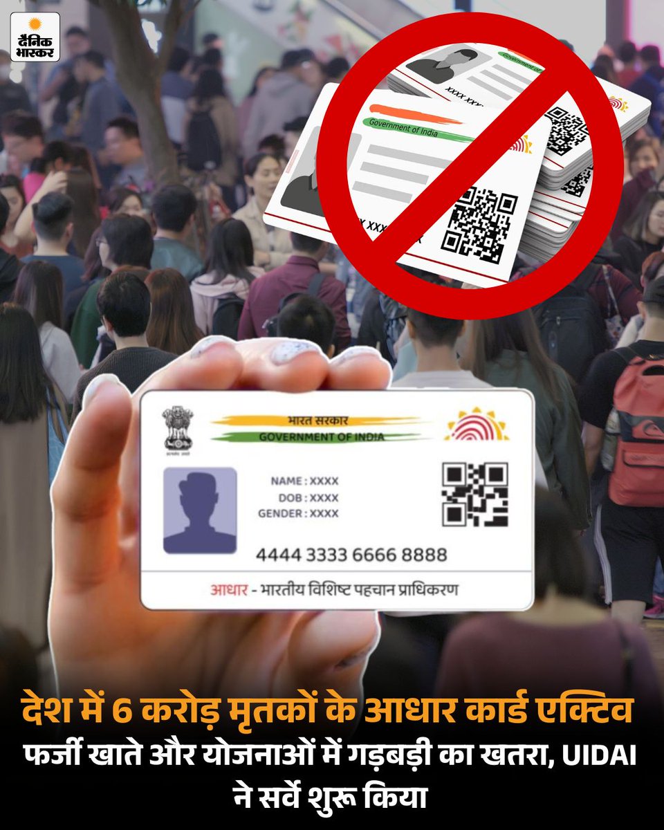 DainikBhaskar's tweet image. देश में हर नागरिक को आधार नंबर जारी करने की शुरुआत को 15 साल हो चुके हैं। इस दौरान 142 करोड़ से अधिक आधार कार्ड जारी हुए, लेकिन 8 करोड़ से ज्यादा धारकों की मौत के बावजूद 1.83 करोड़ कार्ड ही निष्क्रिय हो पाए हैं। 
dainik.bhaskar.com/0e2I374FfYb 
#UIDAI #AadhaarUpdate #DigitalIndia…