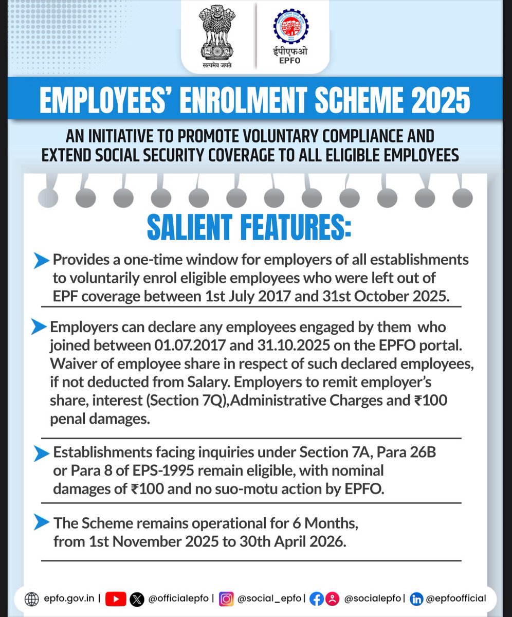EPFOROALWAR's tweet image. Employees’ Enrolment Scheme 2025
#epfo #epforeforms