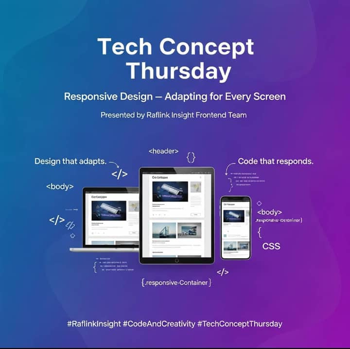 RaflinkInsight's tweet image. Raflink Insight Frontend Team spotlights Responsive Design where creativity meets adaptability. Design that adapts. Code that responds. 💜✊🏽
Follow @RaflinkInsight for more dev tips! #FrontendDevelopment #ResponsiveDesign